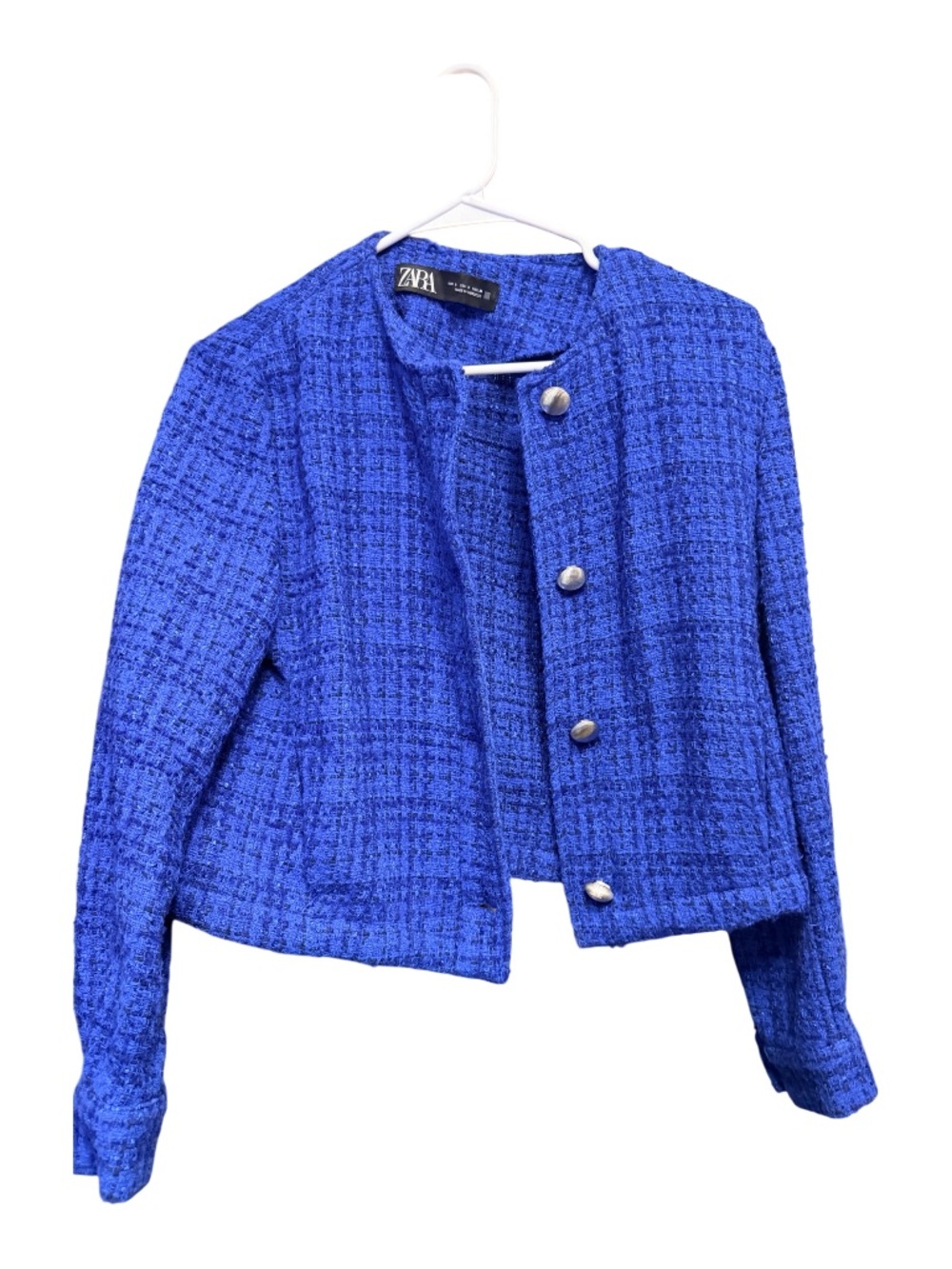 Zara Cobalt Bouclé Cropped Blazer with Silver Buttons